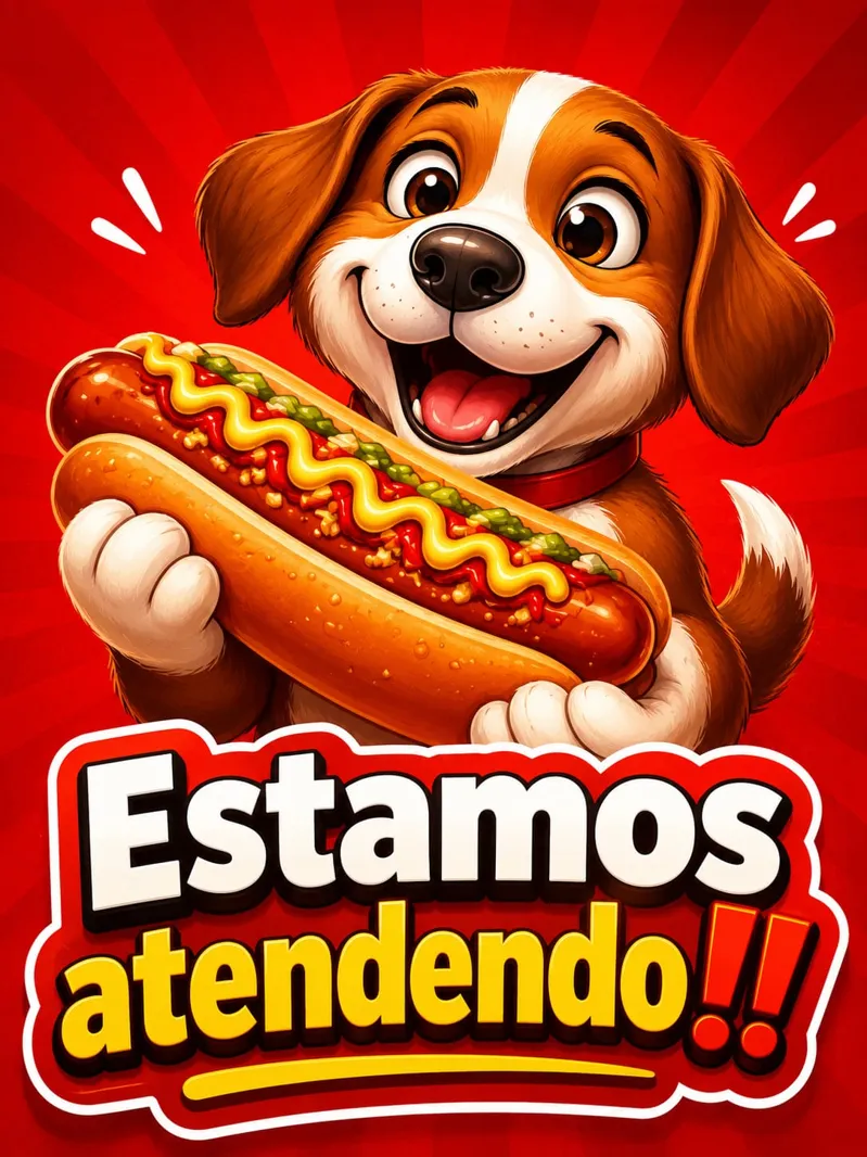 Mascote do Villas Dog, um cachorro sorridente segurando um dog aberto recheado